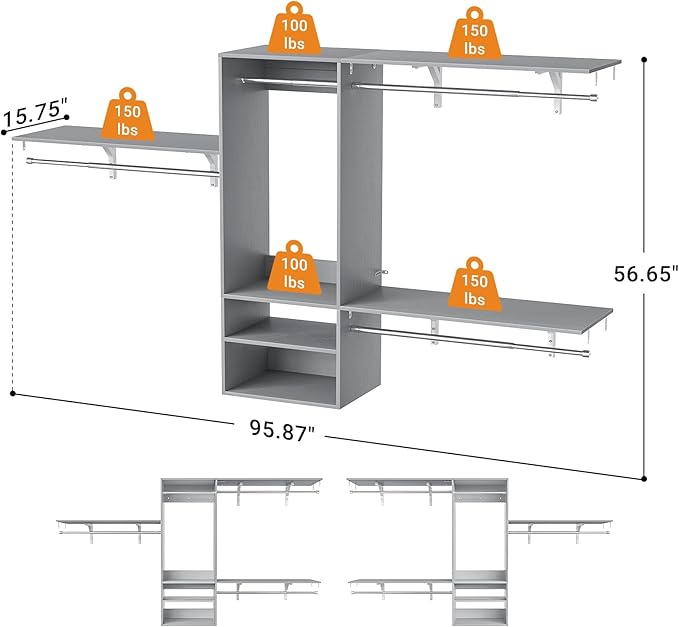 96 Inch Hanging Closet System, 8 FT Closet Organizer System with Hanging Rod, Walk In Mounted Closet System, Built-In Clothes Garment Rack with 3 Shelving Towers(Can Be Cut To Fit), Gray
