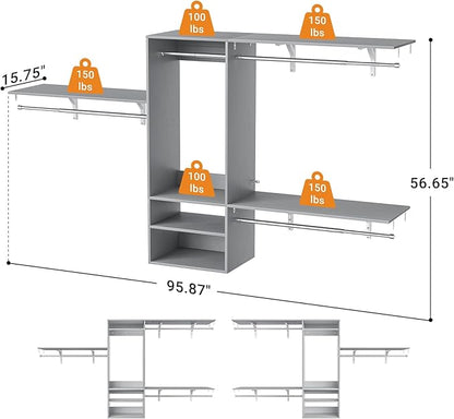 96 Inch Hanging Closet System, 8 FT Closet Organizer System with Hanging Rod, Walk In Mounted Closet System, Built-In Clothes Garment Rack with 3 Shelving Towers(Can Be Cut To Fit), Gray