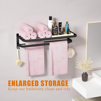 DDS-DUDES 23 Inch Bathroom Towel Rack Towel Shelf with Double Towel Bars Lavatory Wall Mount Holder with Hooks Stainless Steel Hotel Bath Rack (Matte Black)