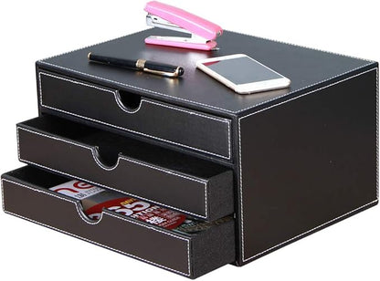High-end PU Leather Desk Organizer File Cabinet Executive Office Supplies Desktop Filing A4 File Cabinet Stackable Storage Organizer Box with 3 Drawers (Black)…