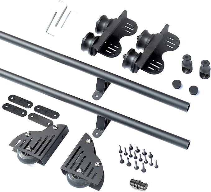 DIYHD 8FT Sliding Library Ladder Black Track Kit,Stand Up Tensible Rolling Hardware,Brake Bottom Wheels