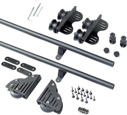 DIYHD 8FT Sliding Library Ladder Black Track Kit,Stand Up Tensible Rolling Hardware,Brake Bottom Wheels
