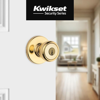 Kwikset Tylo Entry Door Knob with Lock and Key, Secure Keyed Handle Exterior Doorlock, Doorknob For Front Entrance and Bedrooms in Polished Brass