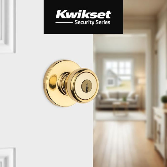 Kwikset Tylo Entry Door Knob with Lock and Key, Secure Keyed Handle Exterior Doorlock, Doorknob For Front Entrance and Bedrooms in Polished Brass