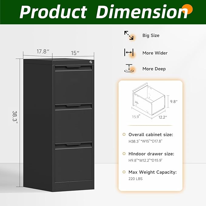 3 Drawer File Cabinet, Metal Filing Cabinets for Home Office, Black Vertical File Cabinet with Lock for Letter/Legal/A4/F4 Size, Assemble Required
