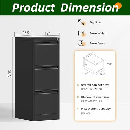 3 Drawer File Cabinet, Metal Filing Cabinets for Home Office, Black Vertical File Cabinet with Lock for Letter/Legal/A4/F4 Size, Assemble Required