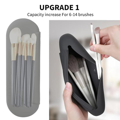 2 IN 1 Silicone Makeup Brush Holder with Beauty Make Up Sponge Holder Case：Soft Portable Cosmetic Face Brushes Holder with Upgrade Anti-Fall Out Magnetic Closure - Grey