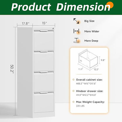 4 Drawer File Cabinet, Tall Vertical Filing Cabinets for Home Office, Locking Metal File Cabinet for Letter/Legal/A4/F4 Size, Assemble Required