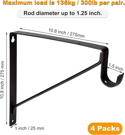 4 Pack Heavy Duty Closet Rod Brackets Holder 11 x 11 x 1 Inch White Closet Rod Support Bracket Black Steel Closet Rod Holders for Hanging Clothes Rod Support Brackets (Black - 4Pack)