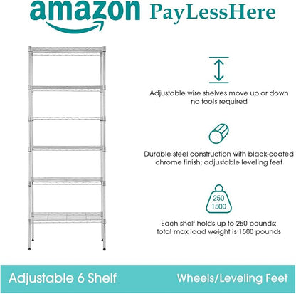 PayLessHere | 6-Tier Wire Shelf | 23"x13"x59" | Chrome | Adjustable Racks | Heavy-Duty Storage Shelves, Holds Upto 1500 lbs | Rust-Resistant, No-Tool Assembly | for Home, Garage Shelving