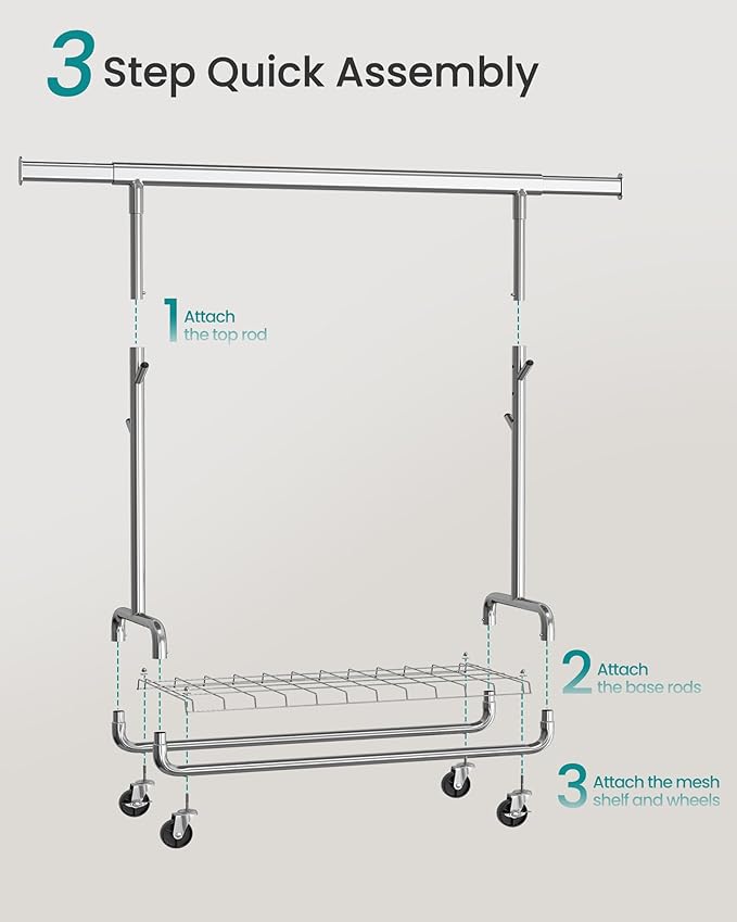 SONGMICS Clothes Rack, Heavy-Duty Rolling Clothing Garment Rack with Wheels, Extendable Hanging Rod and Adjustable Height, Portable, with Shelf and Hooks, Silver UHSR014E01