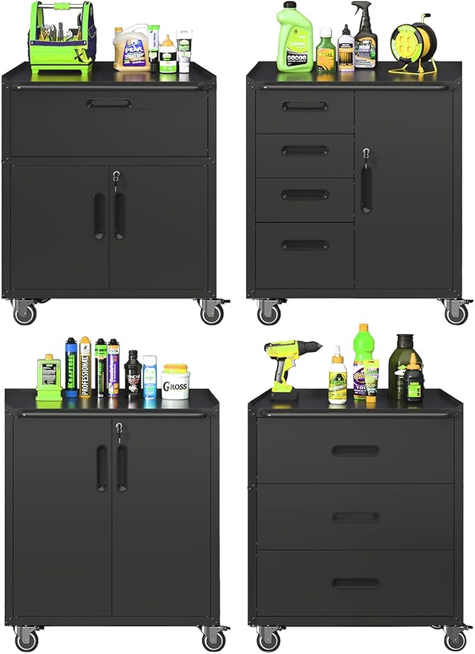 Garage Storage Cabinet System 4pcs Heavy Duty Workshop Set Lockable Rolling Tool Cabinets with Adjustable Shelves Metal Garage Storage Cabinets