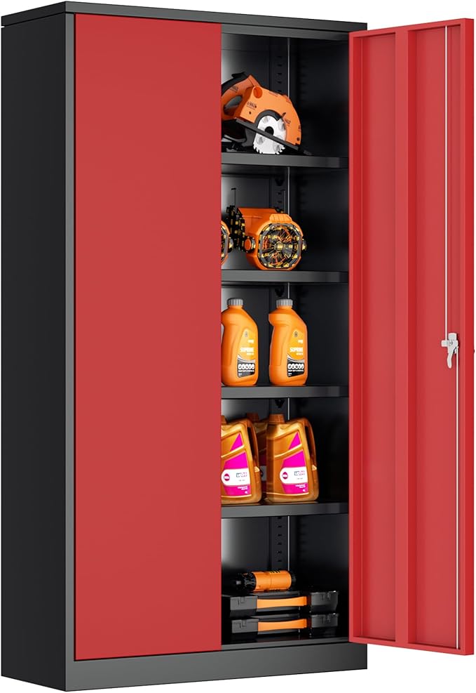 Bonusall Metal Garage Cabinets with 2 Doors and 4 Shelves, Locking Cabinet with for Tool，Steel Garage Storage Cabinets for Home Office, Warehouse，School(Black Red)