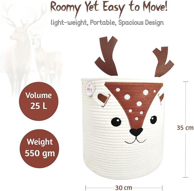 Kids Laundry Hamper & Toy Storage Organizer | Large Deer Woven Cotton Rope Bin for Stuffed Plushies | Cute Animal Design basket with Cutout Handles for Nursery, Playroom & Kid’s Bedroom (Deer)