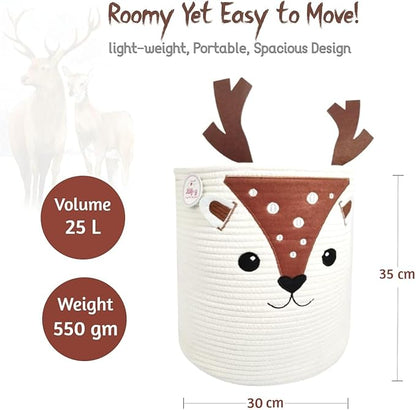 Kids Laundry Hamper & Toy Storage Organizer | Large Deer Woven Cotton Rope Bin for Stuffed Plushies | Cute Animal Design basket with Cutout Handles for Nursery, Playroom & Kid’s Bedroom (Deer)