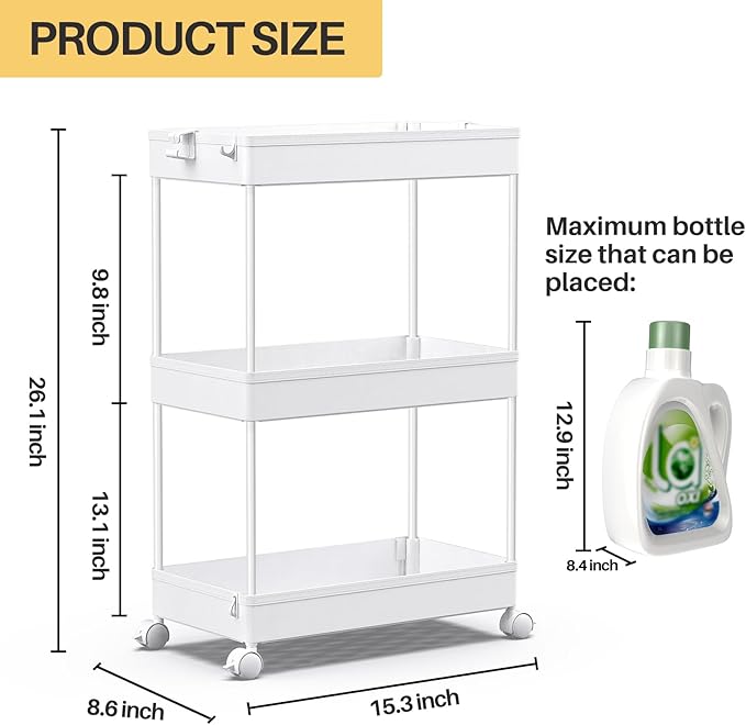 SPACEKEEPER Storage Rolling Cart, 3 Tier Laundry Room Organization Utility Cart Bathroom Organizer Mobile Shelving Unit Shelves Multi-Functional Trolley, White