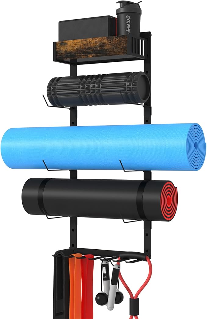 Yoga Mat Holder Wall Mount - Tool-free Adjustable Yoga Mat Rack Shelf, All-in-one Foam Roller Holder for Resistance Bands & Blocks, Space-saving Home Gym Organizer for Small Space Training Storage