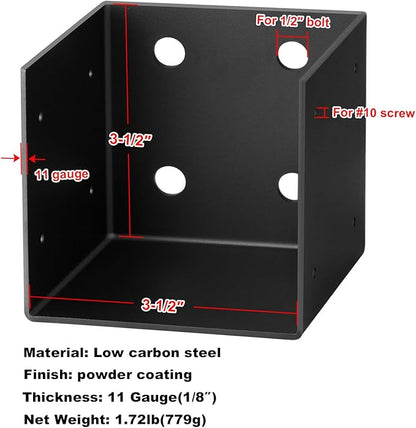GBGS 4 Pcs 4x4 Pergola Wall Mount Bracket,11 Gauge(3 mm Thick),Black