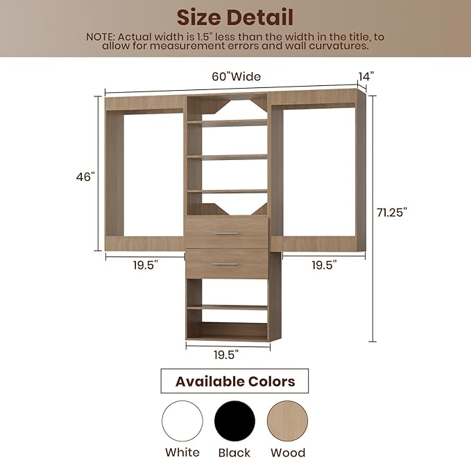 ROOMTEC Modular Closet System, 60" Wall Mounted Closet Organizer with Hanging Rods and Drawers, Wooden Tower for Walk-In Closets, Wardrobe Storage Kit, Wood