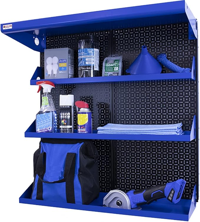 Metal Pegboard Shelving Organization System OmniWall Shelving Kit 32" x 32" Modular Pegboard- Panel Color: Black Accessory Color: Blue