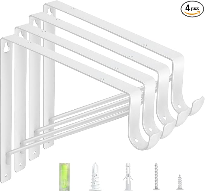 4-Pack Closet Rod Bracket, 10.8x10.8Inch Closet Shelf Brackets Heavy Duty Wall Mounted, Matte White Steel Closet Rod Support Brackets Holder, 300 Lbs Load Capacity with Anchors Screws