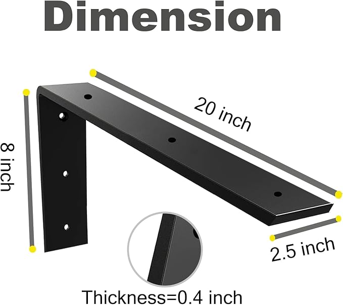 WINKER Countertop Support Bracket 3 Pack Heavy Duty 3/8" Thick Hidden L Shelf Bracket 20" x 8" x 2.5" Metal Corbels for Quartz/Granite/Wood/Concrete/Laminate Countertops, Black (6 Hole)