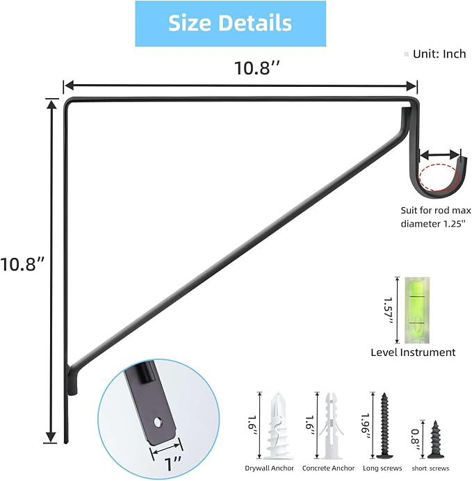10-Pack Closet Rod Bracket, 10.8x10.8Inch Closet Shelf Brackets Heavy Duty Wall Mounted, Matte Black Steel Closet Rod Support Brackets Holder, 300 Lbs Load Capacity with Anchors Screws