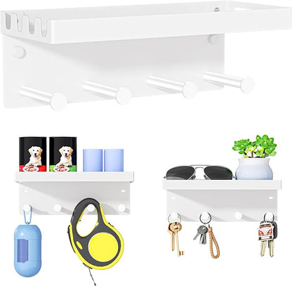Dog Leash Holder for Wall, Key Holder Wall Mount, Metal Dog Leash Hooks, Pet Stuff Storage Shelf for Leash Hanger, Entryway Organizer Key Rack for Pet Collar, Treats, Toys, Mail (White)