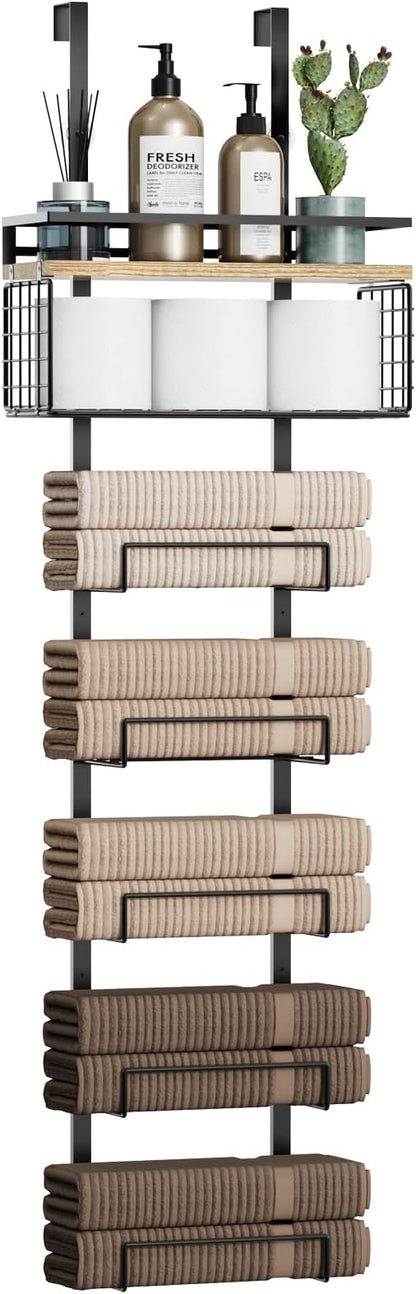 Towel Racks for Bathroom Over The Door Towel Racks Towel Storage Organizer with Metal Shelf Basket for Bathroom Rv Camper (7-Tier Black with Wood Plank)