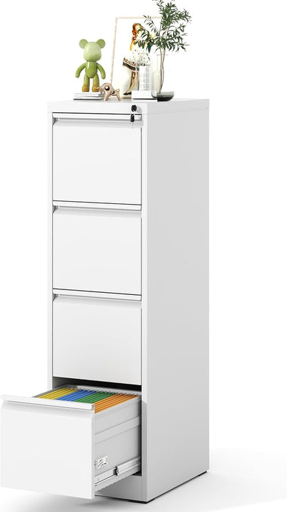 4 Drawer File Cabinet, Vertical File Cabinets with Lock for Home Office,Heavy Duty Office Steel Filing Cabinet for Hanging Letters/Legal/A4, Assembly Required (White)