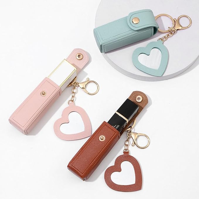 4 PACK PU Leather Potable Chapstick Holder Key Chain Bulk with Mirror, Lipstick Keychain, Lip Balm Organizer Holder Lipstick Travel Makeup Storage Case for Women Girls (Style 2)