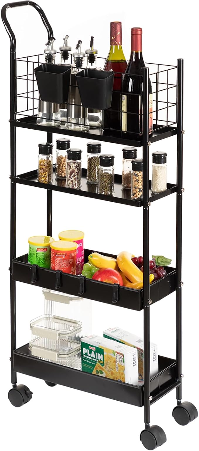 danpinera 4 Tier Slim Cart with Wheels, 7.7’’ Metal Skinny Rolling Storage Cart on Wheels for Kitchen, Bedroom, Office, Laundry Room, Small Narrow Spaces with Hooks and Cups, Black