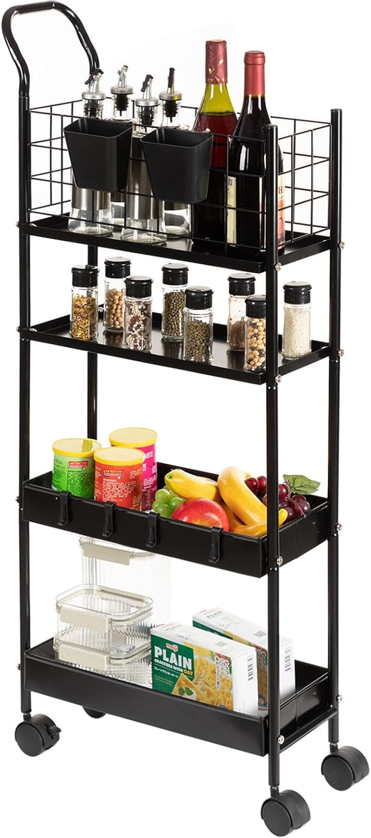 danpinera 4 Tier Slim Cart with Wheels, 7.7’’ Metal Skinny Rolling Storage Cart on Wheels for Kitchen, Bedroom, Office, Laundry Room, Small Narrow Spaces with Hooks and Cups, Black
