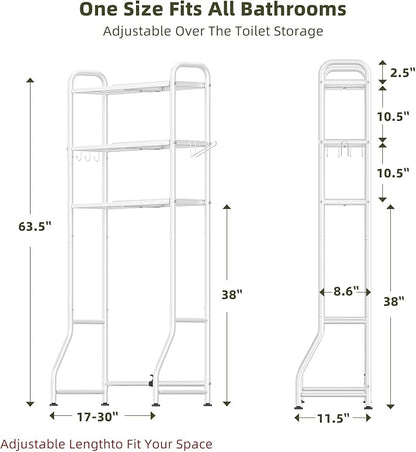 Simple Trending Expandable Over The Toilet Storage Rack, Metal 3 Tier Bathroom Organizer Shelf with Paper Holder and 3 Hooks, White