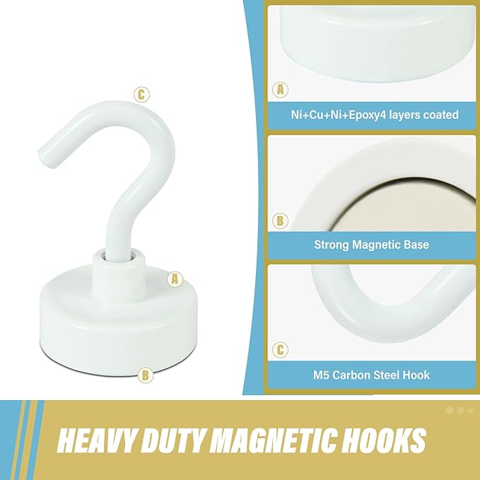 Neosmuk Magnetic Hooks, Heavy Duty 40lb+ Strong Magnet Hook for Cruise Cabins, Cruise Ship Essentials for Hanging, Metal Wall Refrigerator Hangers (White, 10 Pack)
