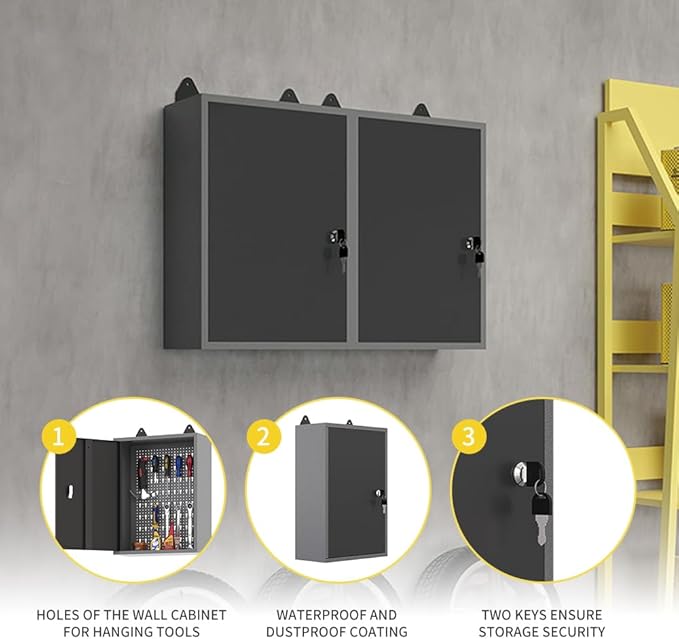 JZD Steel Wall Mounted Storage Cabinet, Metal Hanging Tool Cabinets, for Garage Workshop, Black & Grey