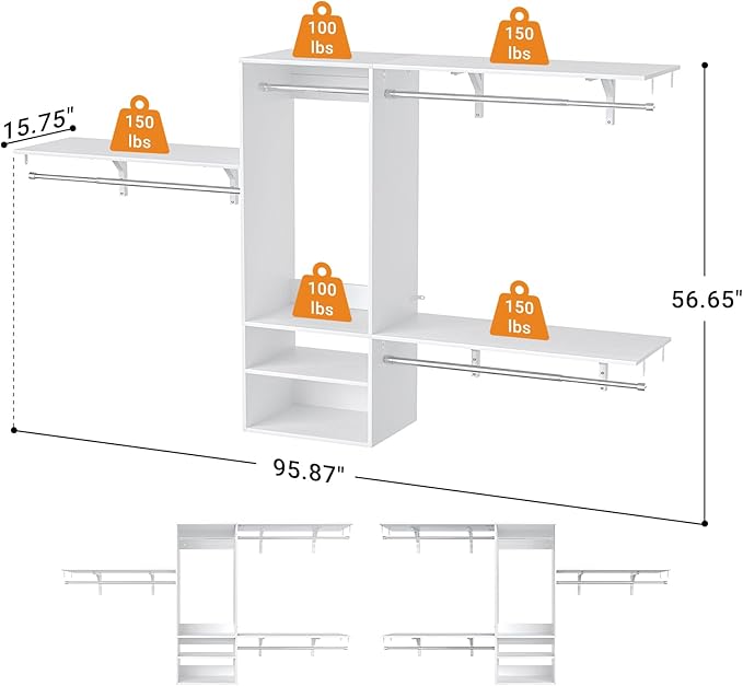 96 Inch Hanging Closet System, 8 FT Closet Organizer System with Hanging Rod, Walk In Mounted Closet System, Built-In Clothes Garment Rack with 3 Shelving Towers(Can Be Cut To Fit), White