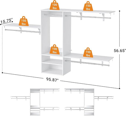 96 Inch Hanging Closet System, 8 FT Closet Organizer System with Hanging Rod, Walk In Mounted Closet System, Built-In Clothes Garment Rack with 3 Shelving Towers(Can Be Cut To Fit), White