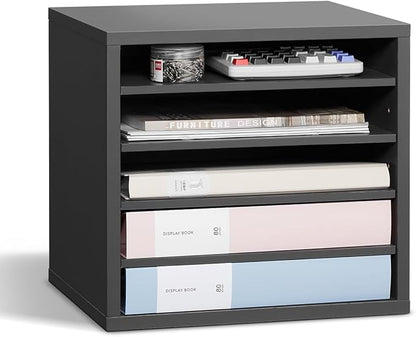 VEVOR Literature Organizer, 5 Compartments Office Mailbox with Adjustable Shelves, Wooden Mailbox Sorter Medium Density Fiberboard Office Home Classroom Storage for Files, Documents, Papers, Grey
