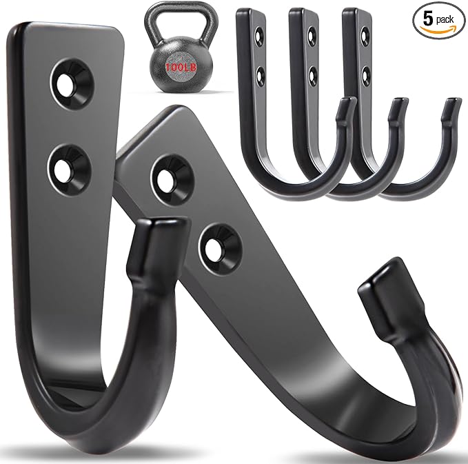 WODEGIFT 5 Large Size Heavy Duty Wall Hooks, Coat Hooks for Hanging Pans, Backpacks, Coats, Garage Items (Black)
