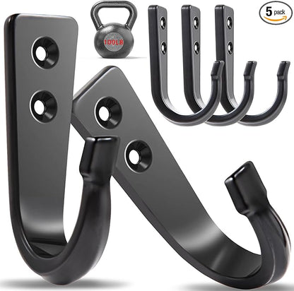 WODEGIFT 5 Large Size Heavy Duty Wall Hooks, Coat Hooks for Hanging Pans, Backpacks, Coats, Garage Items (Black)