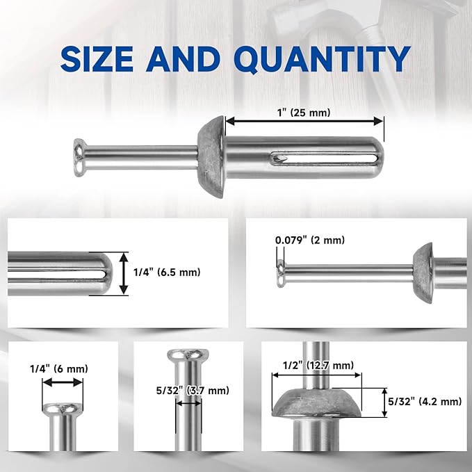 meite Hammer Drive Anchors 1/4" x 1" for Electrical Boxes Fixture, Heavy Duty Masonry & Concrete Anchors, Zinc-Plated Steel, Rust-Resistant (100 Counts)