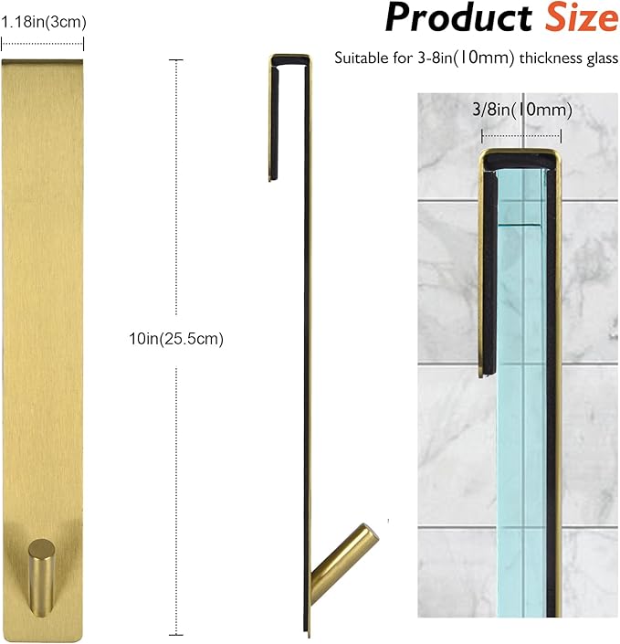 Shower Door Hooks(10 Inch),Extended Over Door Hooks for Bathroom Frameless Glass Shower Door,Stainless Steel Towel Hooks,Heavy Duty Rack Hooks for Robe,Towel-3 Pack-Gold