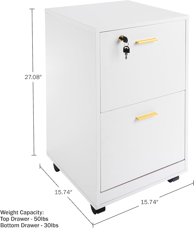 Lavish Home 2 Drawer File Cabinet - Filing Cabinet with Lock - Rolling File Cabinet for Under Desk Storage - Wood Filing Cabinet for Home or Office Organization (White)