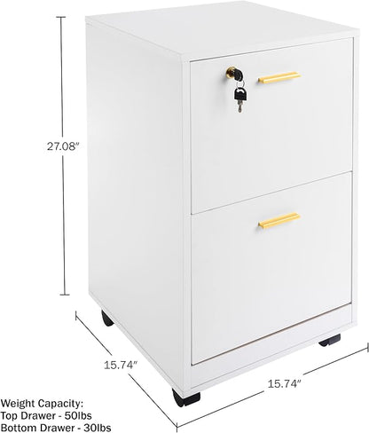 Lavish Home 2 Drawer File Cabinet - Filing Cabinet with Lock - Rolling File Cabinet for Under Desk Storage - Wood Filing Cabinet for Home or Office Organization (White)