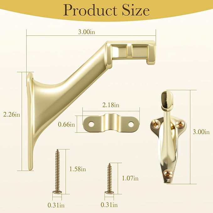 3" Stair Handrail Bracket, 3 Pack Hand Rail Brackets for Stairs Light-Duty, Stair Railing Bracket, Banister Brackets for Indoor Stairs with Screws, Bright Brass Finish, HOME MASTER HARDWARE