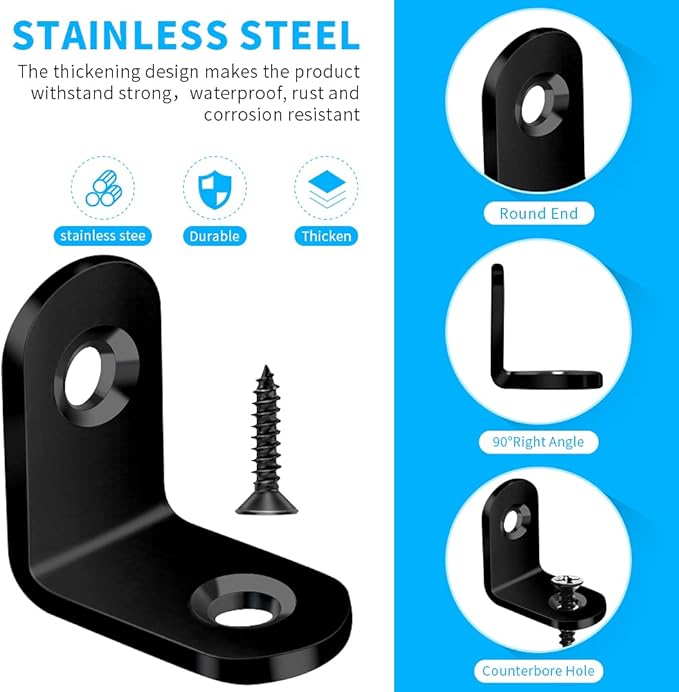 40PCS L Bracket, Metal Black Corner Brace, Stainless Steel Joint Right Angle Bracket Fastener for Wood Chair Bookshelf Furniture Cabinet with 80PCS Screws (20mmx20mm)