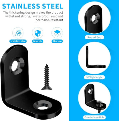 40PCS L Bracket, Metal Black Corner Brace, Stainless Steel Joint Right Angle Bracket Fastener for Wood Chair Bookshelf Furniture Cabinet with 80PCS Screws (20mmx20mm)