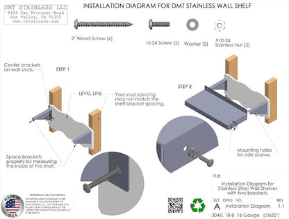 Wall Shelf. 24" X 8" Deep. Made in USA. 16 Gauge 304/L Stainless Steel.