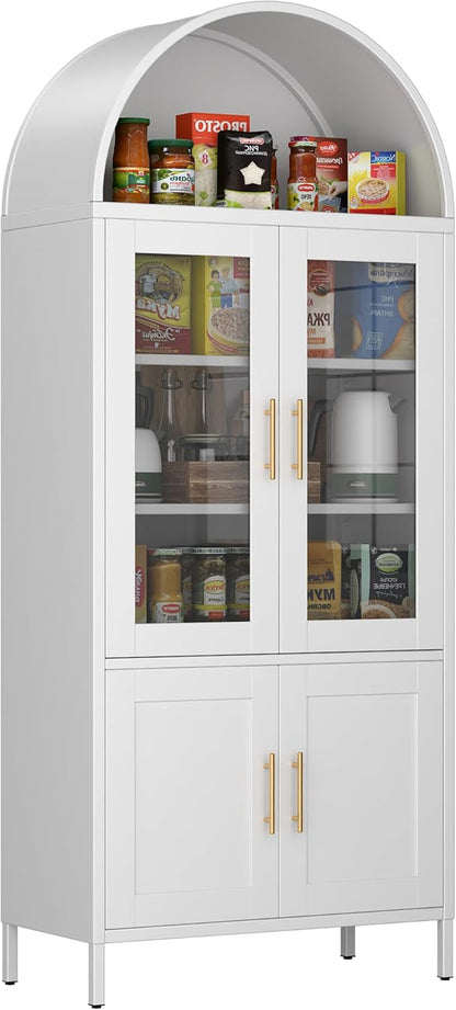 Metal Arched Pantry Cabinet with 2 Drawers,White Arched Kitchen Pantry Cabinet with Glass Door for Kitchen Home, Assemble Required,White,72.76"×30.83" W×16.10" D